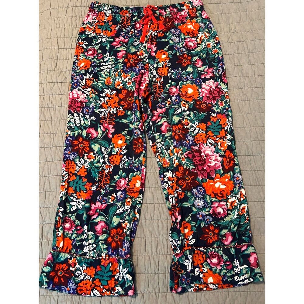 Anthropologie Women's Floreat Silky Floral Pajama Pants Ribbon Tie Size Large